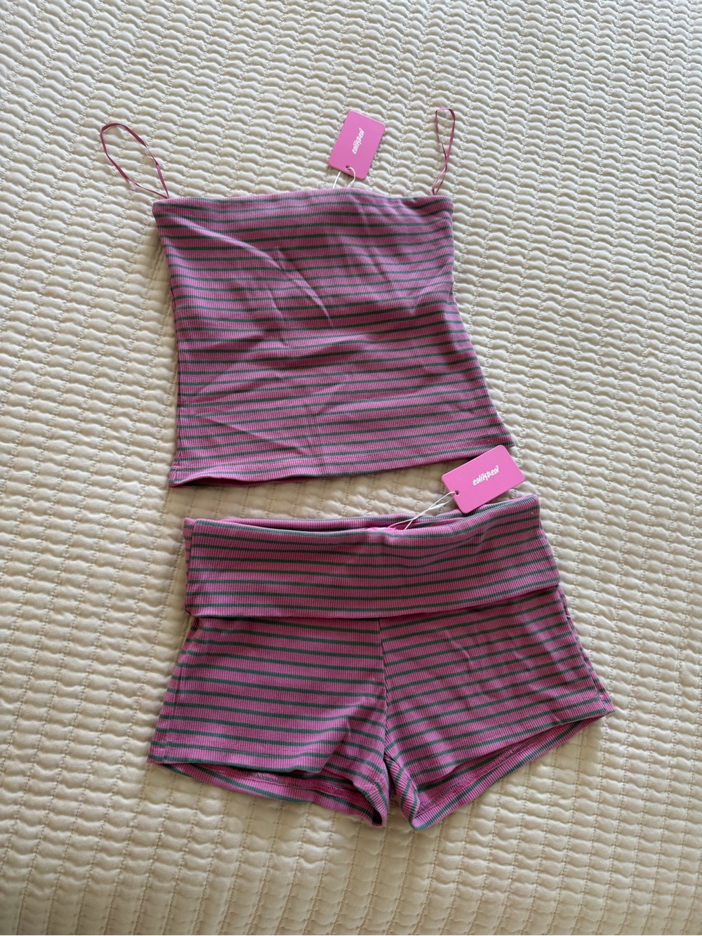 Edikted Pink and Green Striped Ribbed Tub Top & Lounge Shorts Set